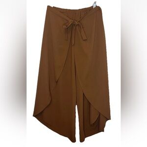 I. Madeline Wrap Style Palazzo Wide Leg Pants Brown Size L EUC Elastic Waist EUC